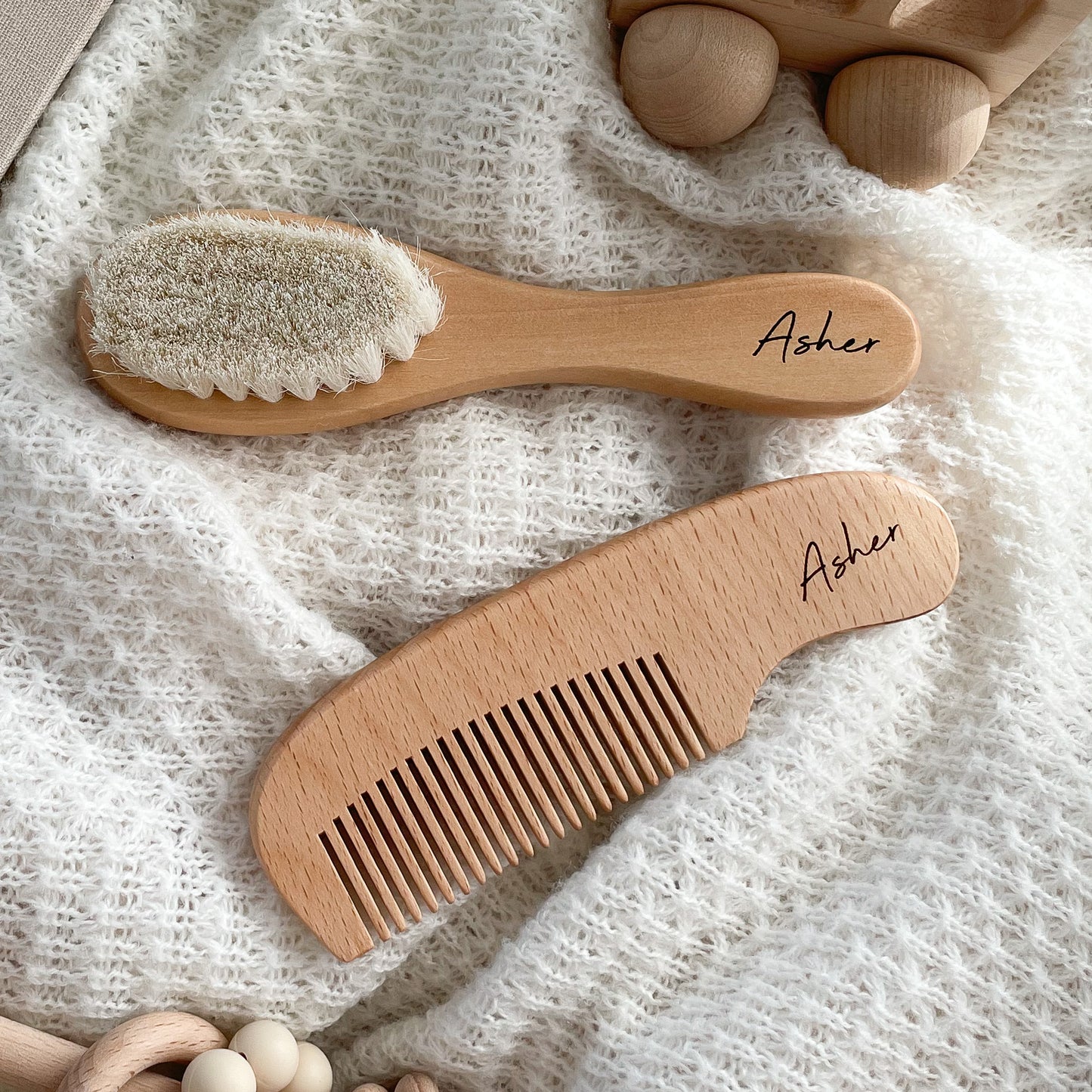 wooden baby brush and baby comb with engraving