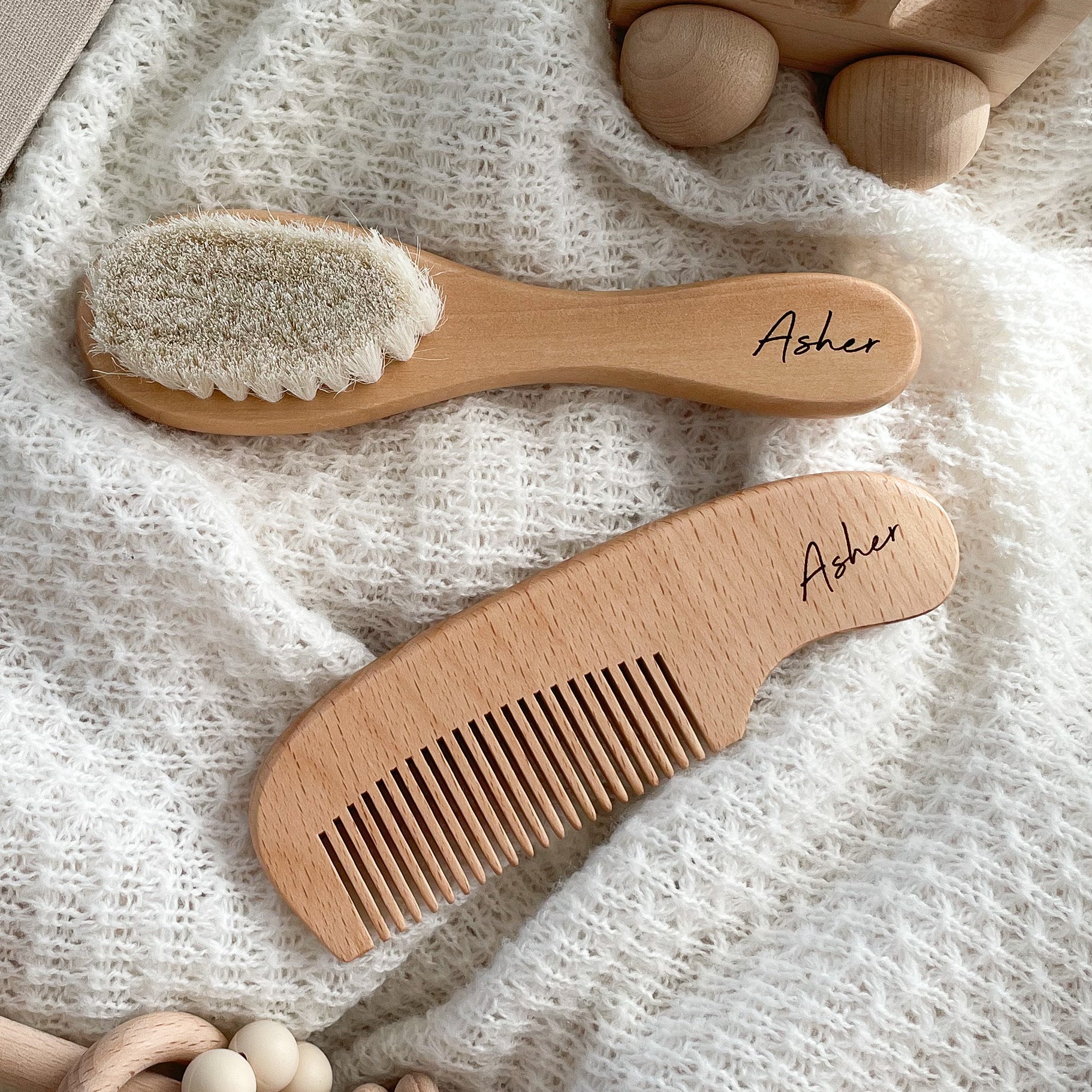 Goat Wool Baby Hair Brush and Wooden Baby Comb Personalised Set ...