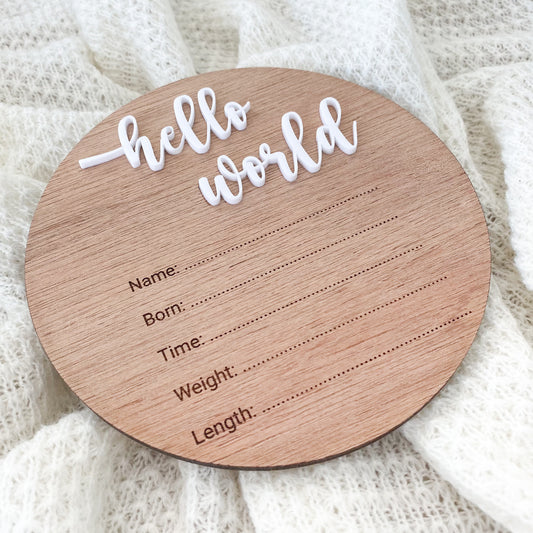 Hello World Birth Announcement Disc with Details